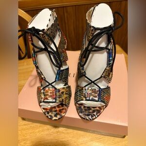 Thaila Sodi Lace Up All Over Rhinestone Stiletto Sandals